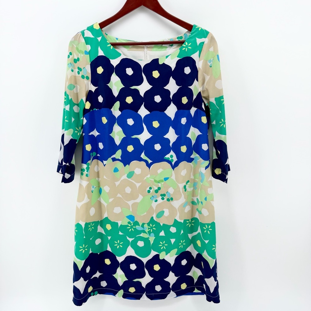 Old Navy Small S Retro Mod Floral Tile Shift Dress Blue Green 3/4 Sleeve